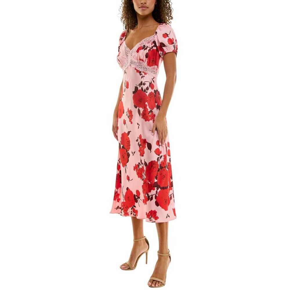 NWT B. Darlin Floral Print Satin Puff Sleeve Midi Dress Pink / Red Multi 5 / 6 - Picture 3 of 11